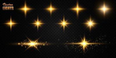 Collection of various golden glowing stars. A set of glare from a sunbeam. Flashes of light. Glow effect, sparks, radiance, shine. Vector illustration on a black background.