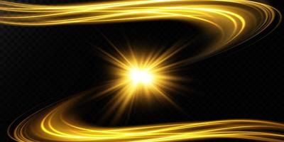 Luminous gold lines of speed. Light glowing effect. Abstract motion lines. Light trail wave, fire path trace line vector