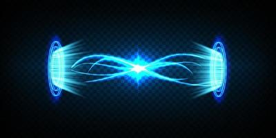 Magic portals on the night scene. Blue round holograms with rays of light and sparkles. Glowing futuristic teleport tunnel with copy space on black background vector