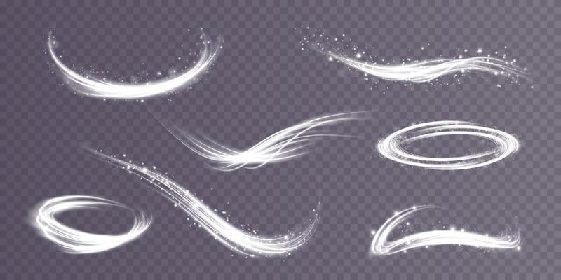 Set of abstract light lines of movement and speed with white sparkles. Light everyday glowing effect. semi-circular wave, light trail curve swirl, car headlights, incandescent optical fiber.