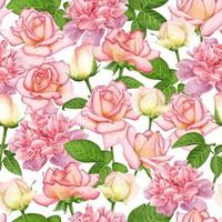 WHITE VECTOR SEAMLESS BACKGROUND WITH BLOOMING DIGITAL WATERCOLOR PINK ROSES AND PEONIES