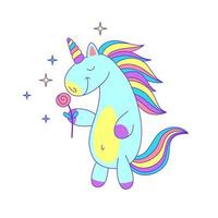 Cartoon Color Character Unicorn with Rose Flower. Vector