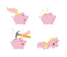 Cartoon Color Broken Piggy Bank Set. Vector