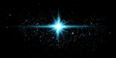 Blue star, on a black background, the effect of glow and rays of light, glowing lights, sun. vector