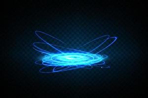 Magic portals on the night scene. Blue round holograms with rays of light and sparkles. Glowing futuristic teleport tunnel with copy space vector