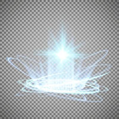Magic portals on the night scene. Blue round holograms with rays of light and sparkles. Glowing futuristic teleport tunnel with copy space