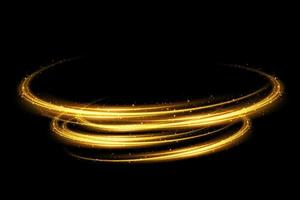 Magic golden sparks on a dark background. Mystical speed stripes, glitter effect. Shine of cosmic rays. Neon lines of speed and fast wind. Glow effect, powerful energy. vector