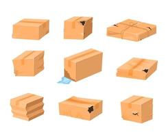 Cartoon Color Different Damaged Boxes Set. Vector