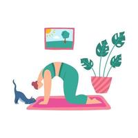 Cartoon Color Character Woman Home Yoga Marjaryasana Cat Position Concept. Vector