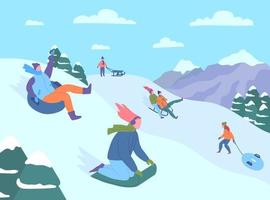 Cartoon Color Characters People Riding Sledding Slide in Mountain Resort. Vector