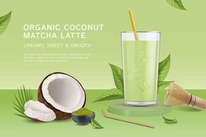 Realistic Detailed 3d Organic Coconut Matcha Latte Ads Banner Concept Poster Card. Vector