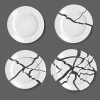 Realistic Detailed 3d Whole and Broken White Ceramic Plate Set. Vector