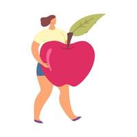 Cartoon Color Character Girl Holding Apple Food and Diet Vegan Healthy Concept. Vector