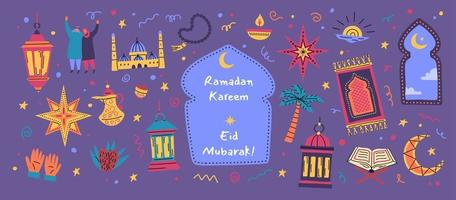 Cartoon Ramadan Kareem Concept Color Different Elements Set. Vector