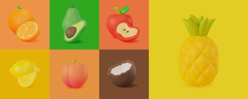 3d diferente dulce frutas conjunto arcilla de moldear dibujos animados estilo. vector