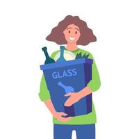 Cartoon Color Character Girl Holding Trash Bin with Glass Concept. Vector