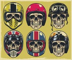 conjunto de mano dibujo calaveras vistiendo varios de motocicleta casco vector