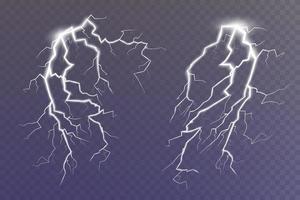 Set of lightning magical and bright light effect. Thunderstorm with lightning and clouds. Vector illustration. Discharge electrical current. Charge current. natural phenomena.