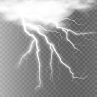 Lightning magical and bright light effect. Thunderstorm with lightning and clouds. Vector illustration. Discharge electrical current. Charge current. natural phenomena.