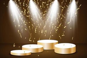 Golden podium with a spotlight on a dark background, falling golden confetti, first place, fame and popularity. Vector illustration.