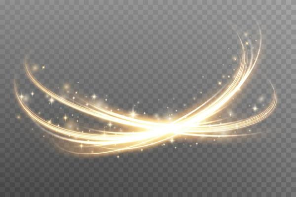 Luminous gold lines of speed. Light glowing effect. Abstract motion lines. Light trail wave, fire path trace line, car lights, optic fiber and incandescence curve twirl