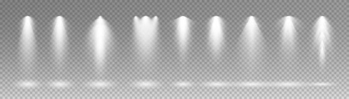 Set of white spotlights. various forms of light. Stage spotlights. Light effects. Glow light effect. Vector illustration.