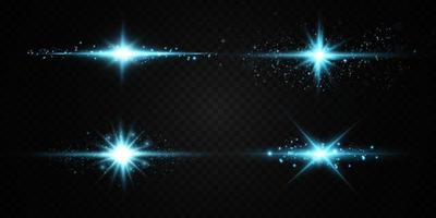 Collection of various blue glowing stars. A set of glare from a sunbeam. Flashes of light. Glow effect, sparks, radiance, shine. Vector illustration on a black background.