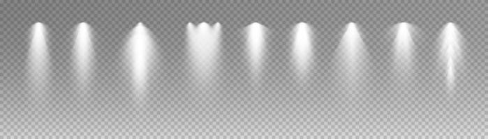 Set of white spotlights. various forms of light. Stage spotlights. Light effects. Glow light effect. Vector illustration.