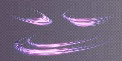 Abstract light lines of movement and speed with purple color glitters. Light everyday glowing effect. semicircular wave, light trail curve swirl vector