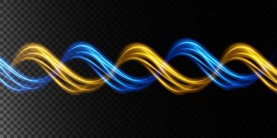 Abstract light lines of movement and speed in blue and gold. Light everyday glowing effect. semicircular wave, light trail curve swirl vector