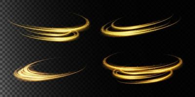 Magic golden sparks on a dark background. Mystical speed stripes, glitter effect. Shine of cosmic rays. Neon lines of speed and fast wind. Glow effect, powerful energy. vector