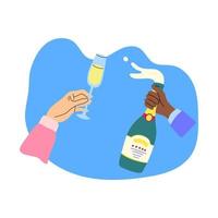 Cartoon Human Hands Holding Alcoholic Drink Champagne. Vector