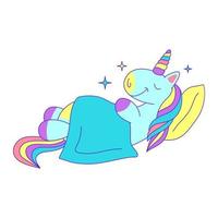 Cartoon Color Character Unicorn Sleeping under Blanket. Vector