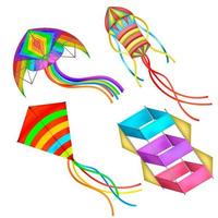 Realistic Detailed 3d Color Different Kite Set. Vector