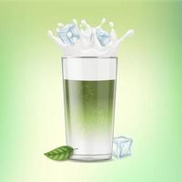 Realistic Detailed 3d Japanese Matcha Latte Drink Splashing in Glass Cup and Ice Cubes. Vector