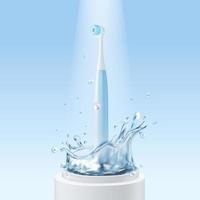 realista detallado 3d eléctrico cepillo de dientes en un podio con agua chapoteo. vector