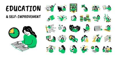 Cartoon Color Educational and Self-Development Concept Set. Vector