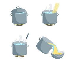 Cartoon Color How to Boiling Pasta Set. Vector