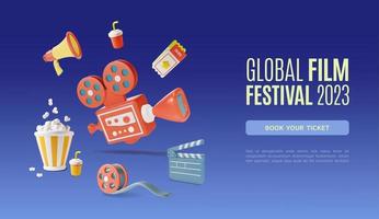 3d Global Film Festival Ads Banner Concept Poster Card. Vector