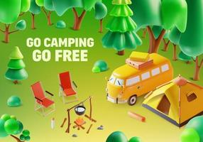 3d Go Camping Ads Banner Concept Poster Card Plasticine Cartoon Style Include of Tent and Bonfire. Vector illustration