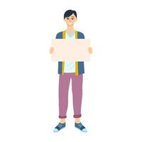 Cartoon Color Character Man Holding Empty Banner. Vector