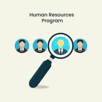 Magnifying glass and a candidate with potential ideas. Human resources hiring program vector illustration