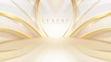 Luxury cream color background with golden line elements and curve light effect decoration and bokeh. vector