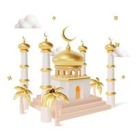 3d Ramadan Kareem Concept with Metal Crescent Moon and Islamic Mosque Plasticine Cartoon Style. Vector