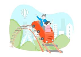 Cartoon Color Characters People and Riding on Roller Coaster Concept. Vector