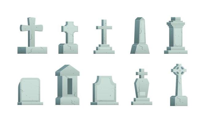 Cartoon Color Different Tombstones and Cemetery Crosses Set. Vector