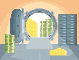 Cartoon Color Vault with Cash Interior Inside Concept. Vector