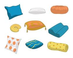 Cartoon Color Different Pillows Cushions Set. Vector