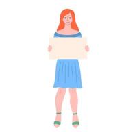 Cartoon Color Character Young Woman Holding Empty Banner. Vector