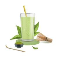 Realistic Detailed 3d Japanese Matcha Latte Drink in Glass Cup on Podium. Vector